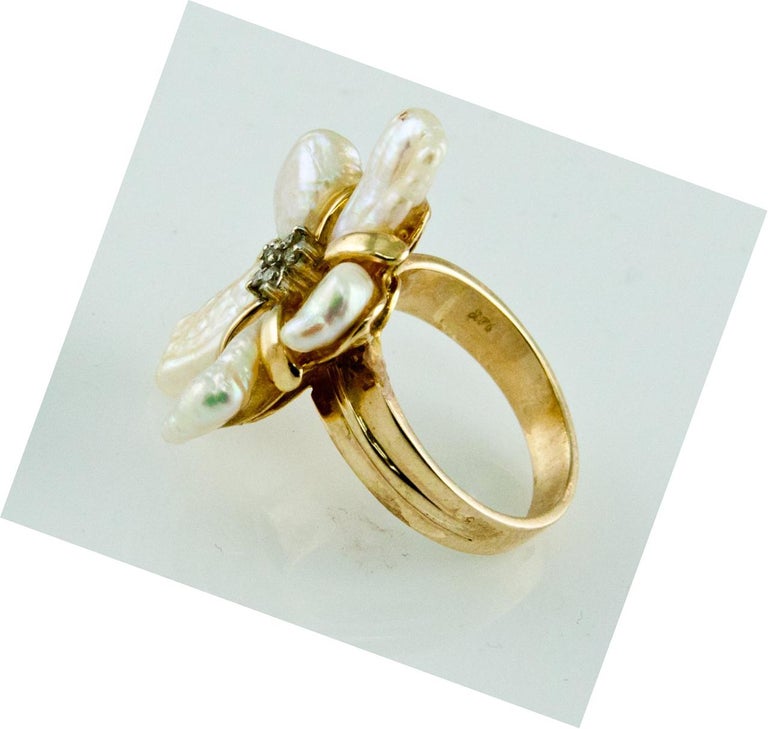 Modernist Freeform Pearl Petals Diamond Gold Cluster Ring For Sale at