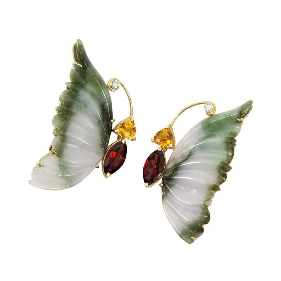 Mixed Cut Jade Garnet Citrine Diamond Gold Butterfly Brooches Estate Fine Jewelry For Sale