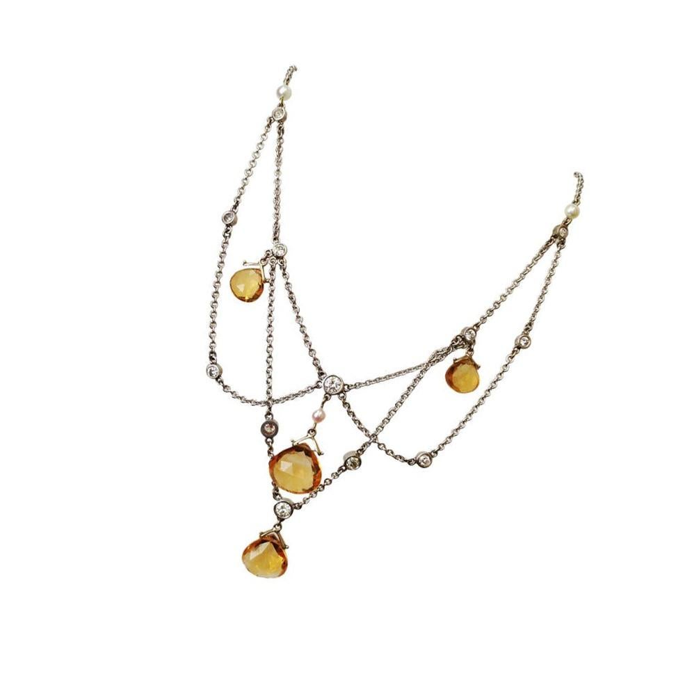 Modernist Diamond Citrine Briolette Pearl Gold Festoon Necklace Estate Fine Jewelry For Sale