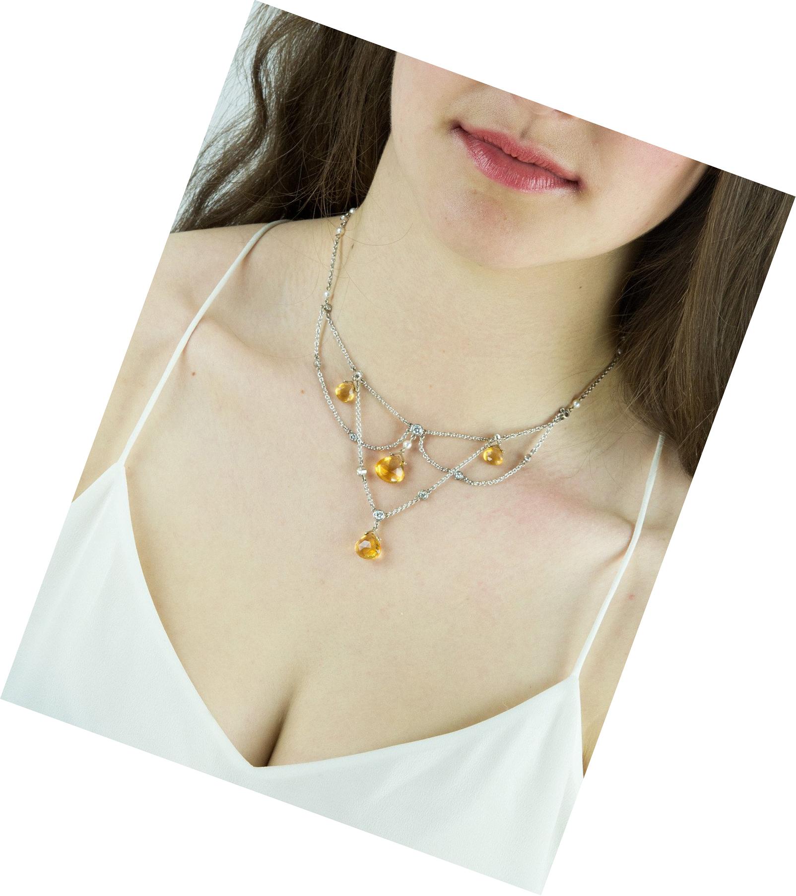 Mixed Cut Diamond Citrine Briolette Pearl Gold Festoon Necklace Estate Fine Jewelry For Sale