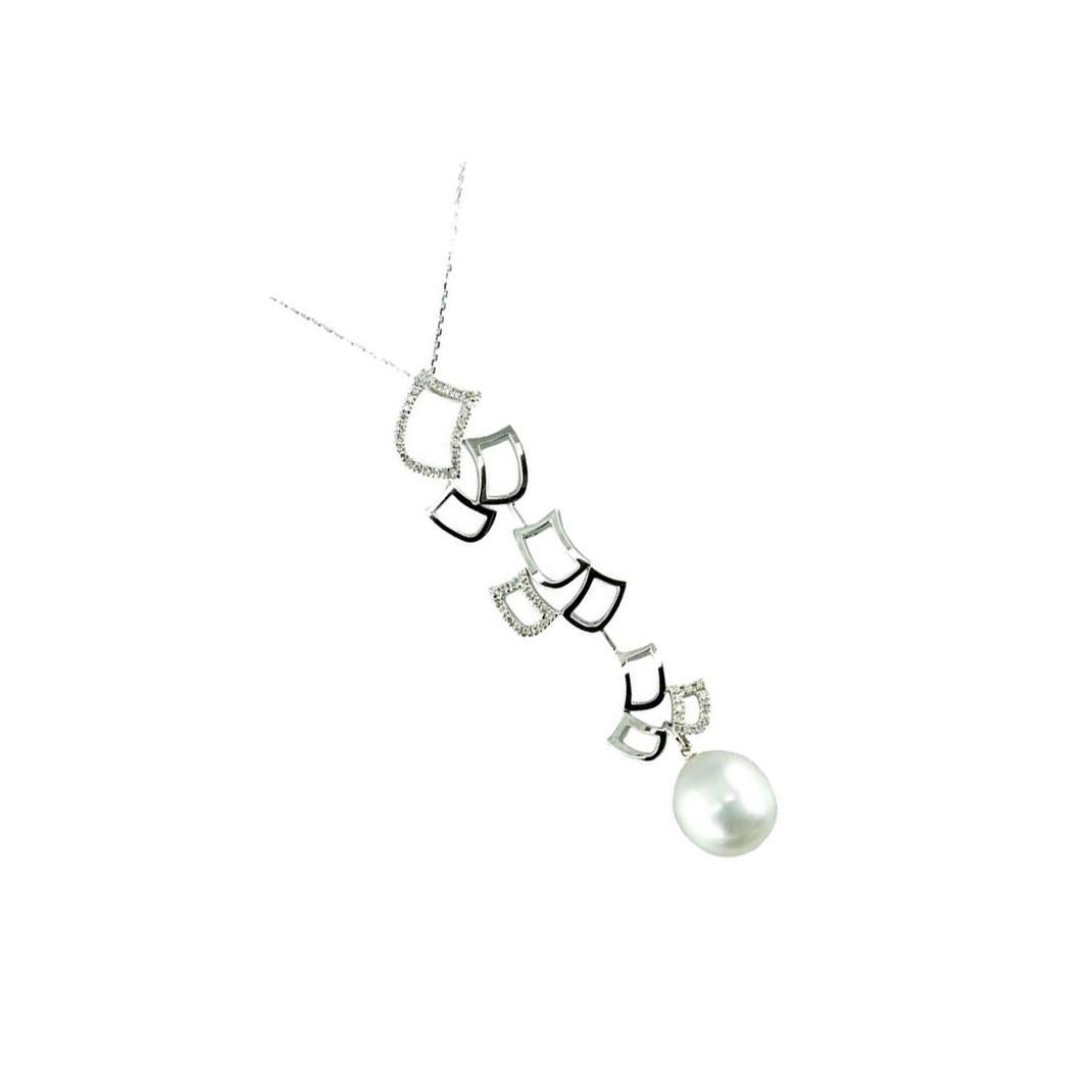 Simply Beautiful! Diamond and Pearl Cubular design Pendant with nine graduated cubes, Hand set with six high polished and three Diamond set. Suspending a beautiful spherical-shaped pearl, measuring approx. 16mm x  14.5mm. Hand crafted in 18K White