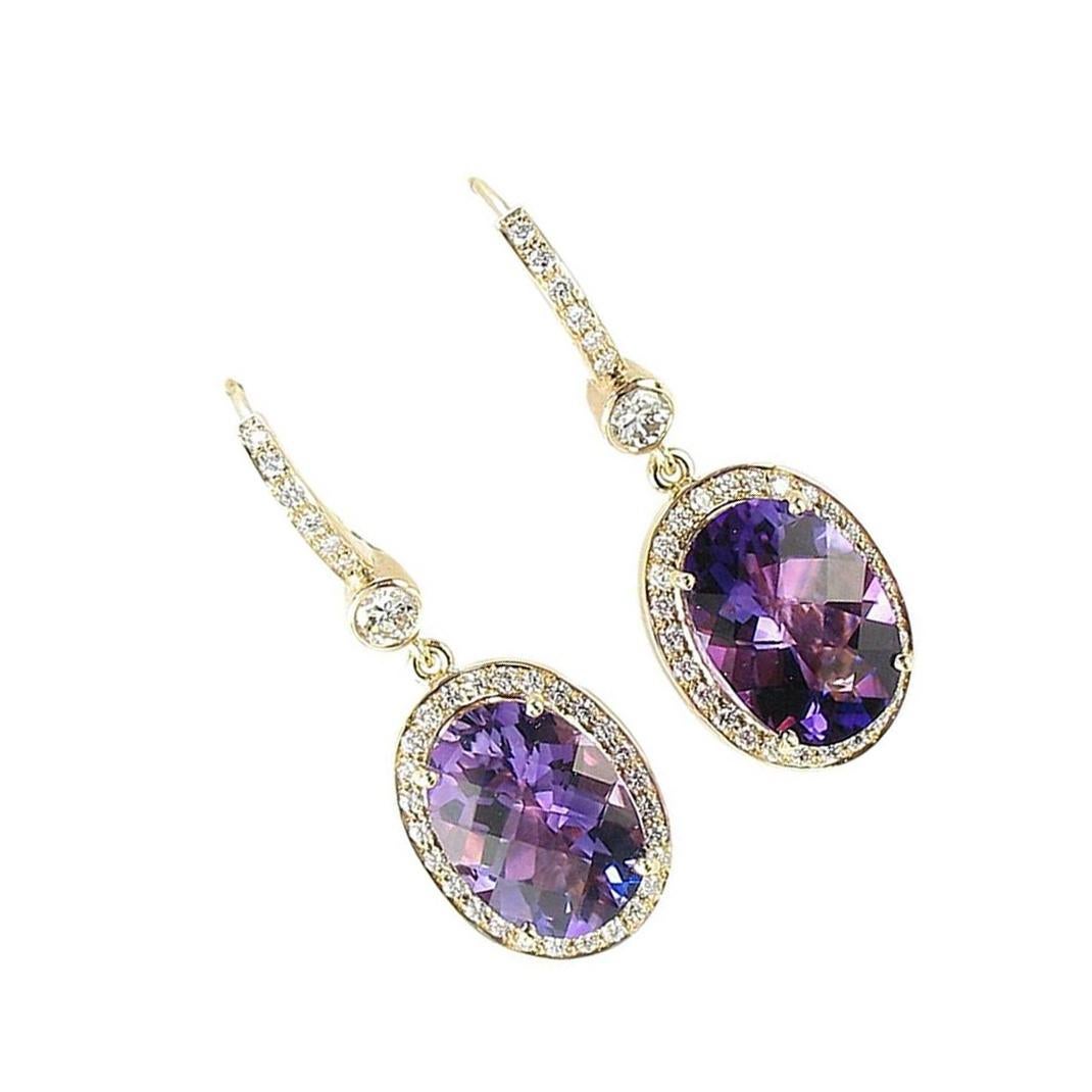 Simply beautiful and Finely Detailed Amethyst Dangle Earrings, each earring has diamond set Sheppard hook and a diamond, suspending two oval checkered-cut cabochon amethyst surrounded by pave set round brilliant cut diamonds. Earring drop measures