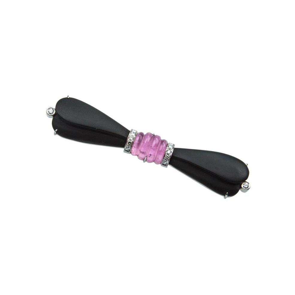 Mixed Cut Black Onyx, Pink Tourmaline and Diamond Gold Bow Pin Estate Fine Jewelry For Sale