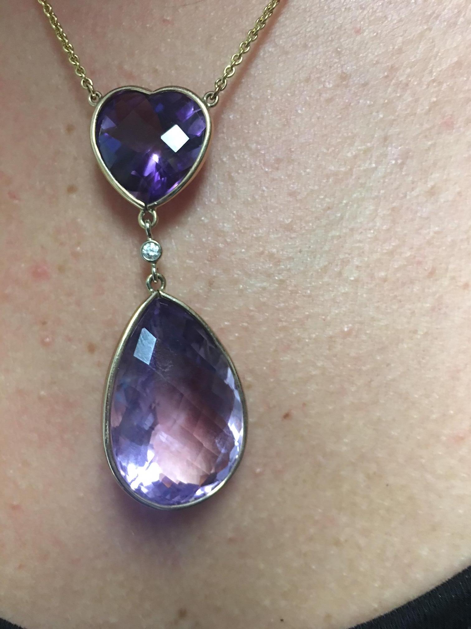 Modernist Heart and Teardrop Amethyst Diamond Gold Pendant Necklace Estate Fine Jewelry For Sale