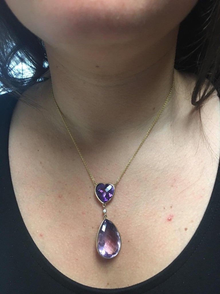 Mixed Cut Heart and Teardrop Amethyst Diamond Gold Pendant Necklace Estate Fine Jewelry For Sale