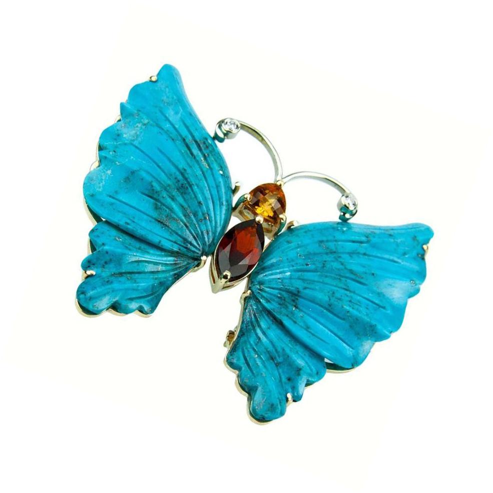 Mixed Cut Turquoise Butterfly and Gold  Statement Brooch Pin Pendant Fine Estate Jewelry For Sale