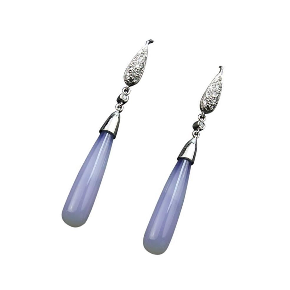 Contemporary Lavender Chalcedony Diamond Gold Drop Statement Earrings Estate Fine Jewelry For Sale