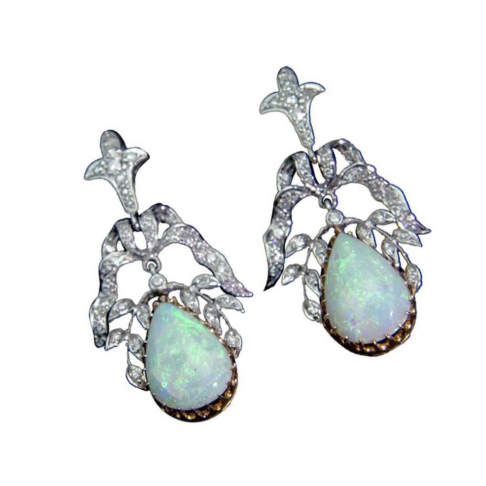Opal Diamond Gold Statement Earrings Circa 1950s In Excellent Condition In Montreal, QC