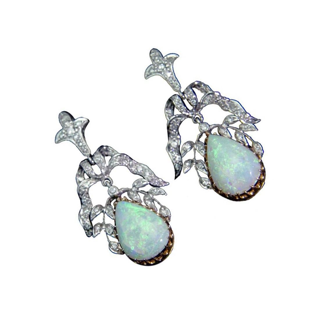 Women's Opal Diamond Gold Statement Earrings Circa 1950s