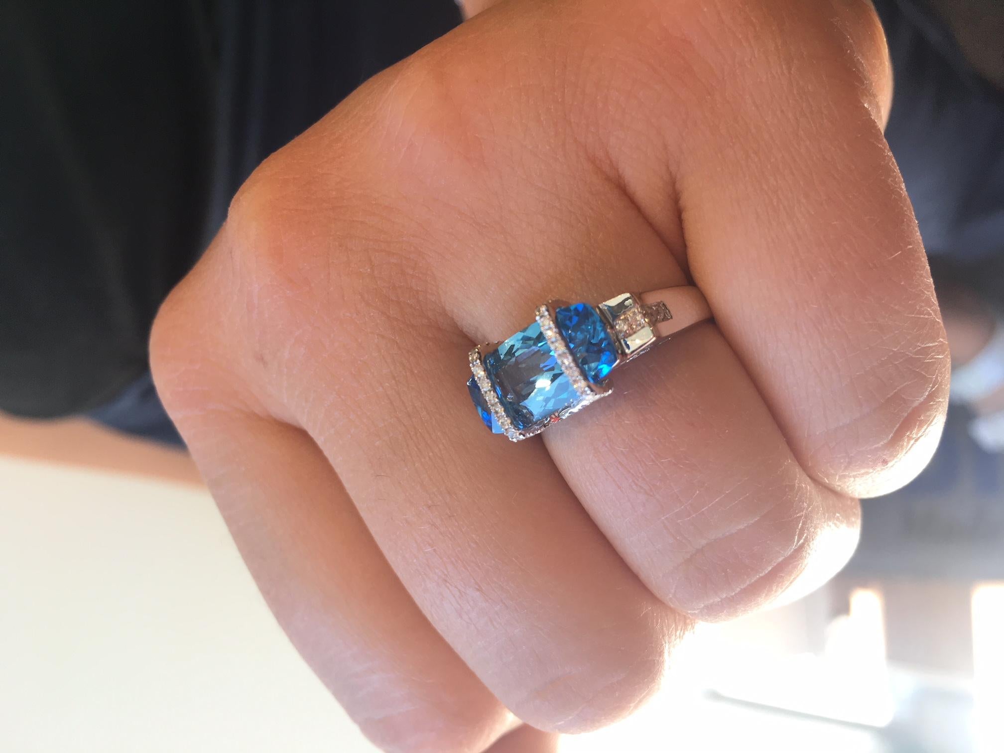 Modern Swiss Blue Topaz Diamond Gold Statement Ring