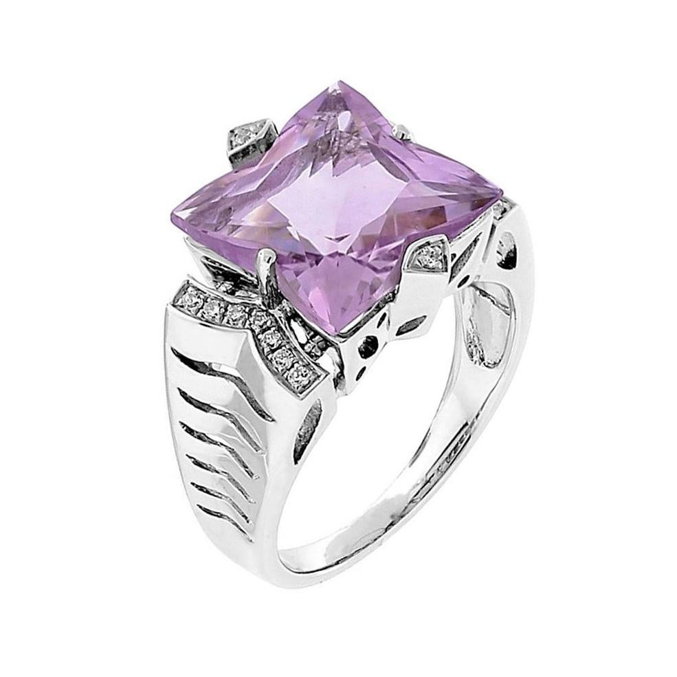 Beautiful Rose de France Amethyst ring accented by sixteen round, brilliant-cut Diamonds, Square Star facet-cut Rose de France measures approx. 12mm x 12mm, approx. weight 7.2ct; mounted in 14k white gold. Ring size: 7+. 
Amethyst is a powerful and