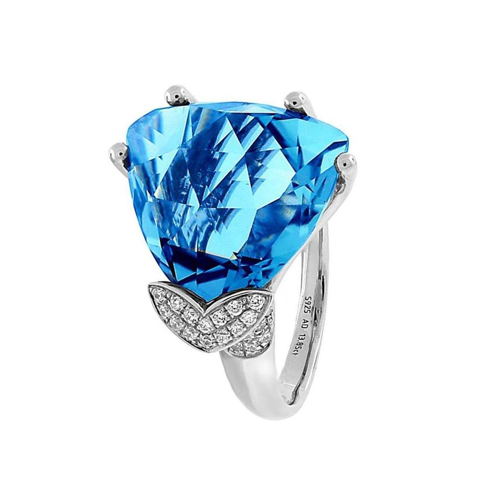 Beautiful Swiss-Blue Topaz ring accented by sixty-four brilliant-cut round Diamonds, extending to shank, weighing approx. 0.32 ct., triangular facet-cut Swiss-Blue Topaz measures approx. 16mmx16mm, approx. weight 16.4 ct.; mounted in 14k white gold