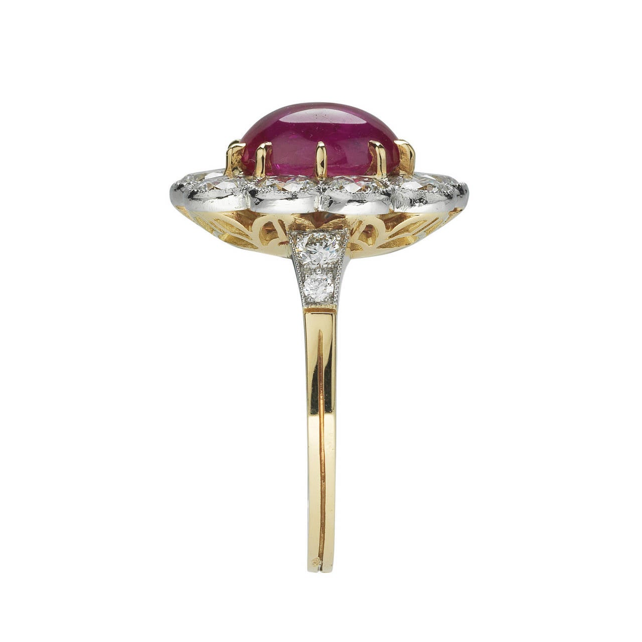 Art Nouveau French Cabochon Ruby Diamond Gold Platinum Cluster Ring