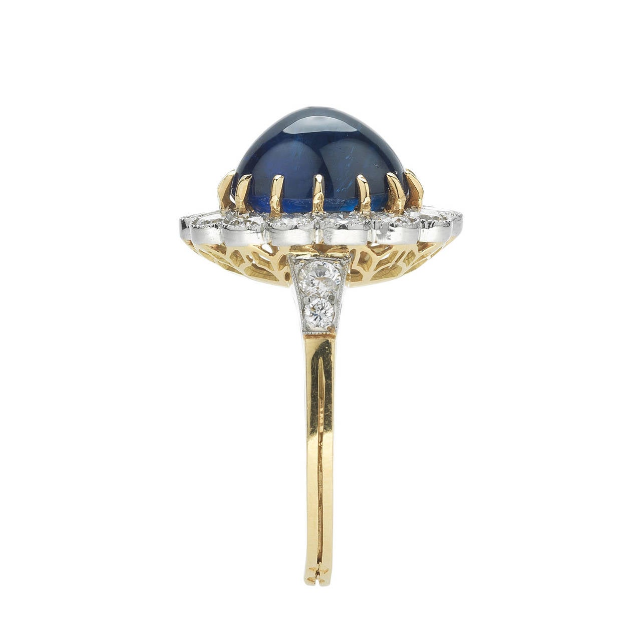Art Nouveau French Cabochon Sapphire Diamond Gold Platinum Cluster Ring
