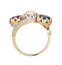 Edwardian Sapphire Ruby Old Mine Cut Diamond Gold Platinum Ring