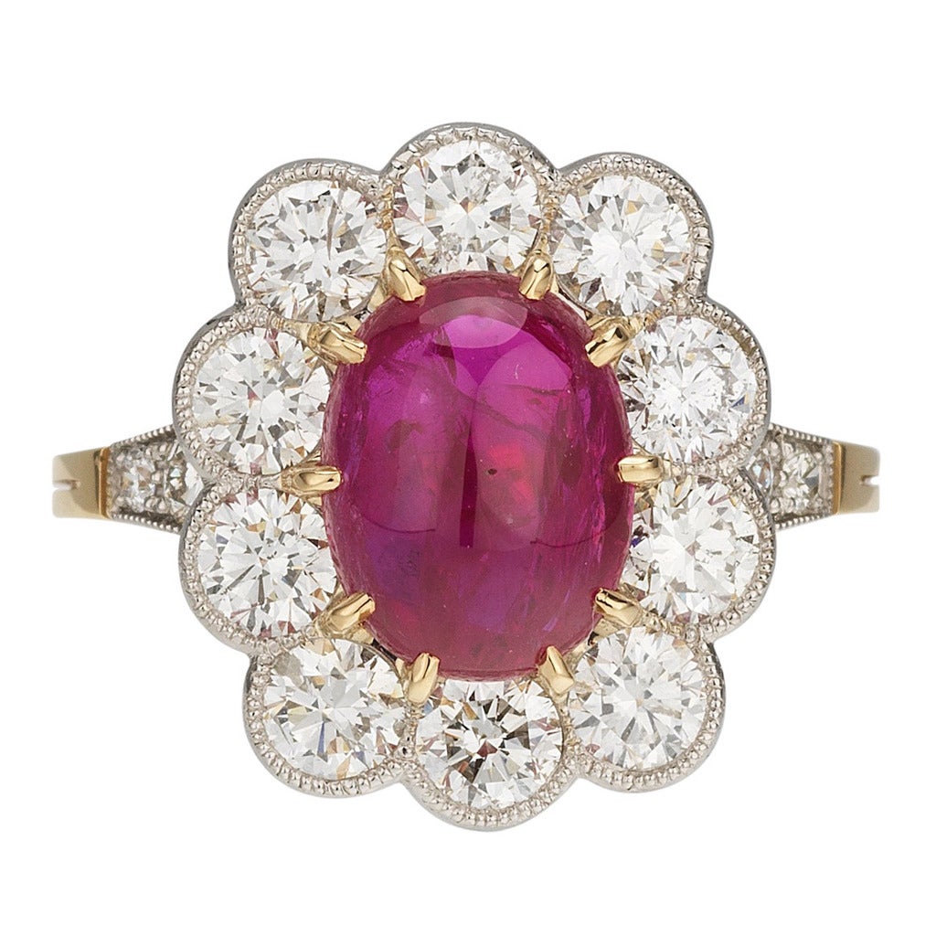 French Cabochon Ruby Diamond Gold Platinum Cluster Ring For Sale at 1stDibs