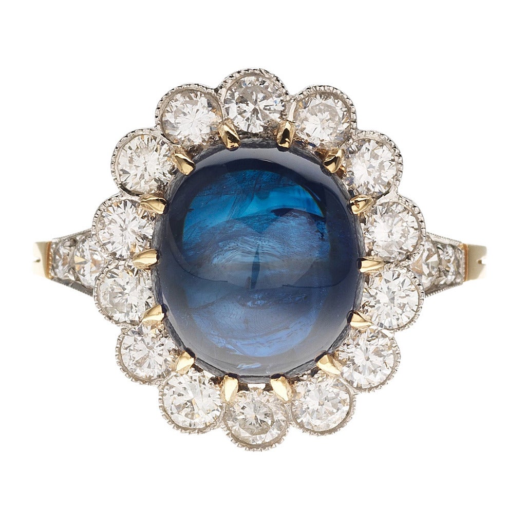 French Cabochon Sapphire Diamond Gold Platinum Cluster Ring