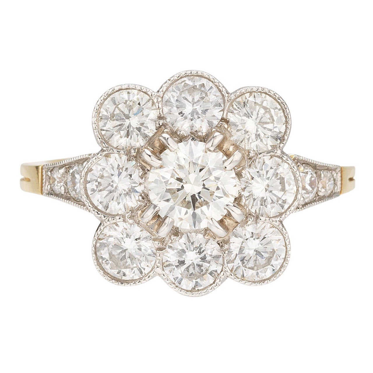 French Diamond Gold Platinum Cluster Ring