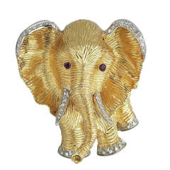Ruby Diamond Gold Platinum Elephant Brooch