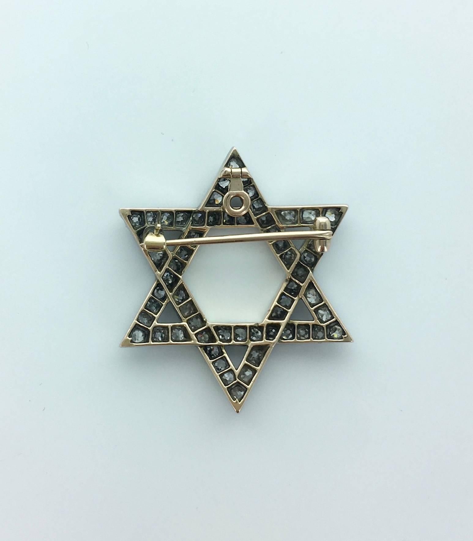 Rare, impressive and Beautiful Antique work, Star of David Pendant Brooch.
All Old mine cut Diamond on silver and Gold.
Late 19th-Early 20th Century.
Height: 1.50 inch.
Width: 1.38 inch.
