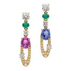 Bulgari Elisia Beautiful Pair of Gem Set Diamond Gold Pendant Earrings