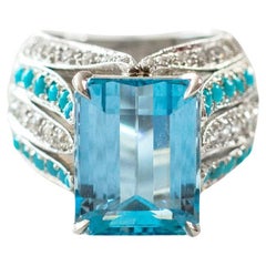 Vintage 9.75 Carat Aquamarine Diamond Turquoise Platinum Ring