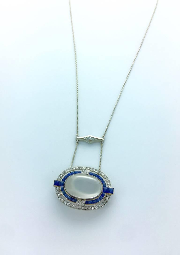 1915 Cartier Art Deco Moonstone Diamond Sapphire Brooch Necklace 2