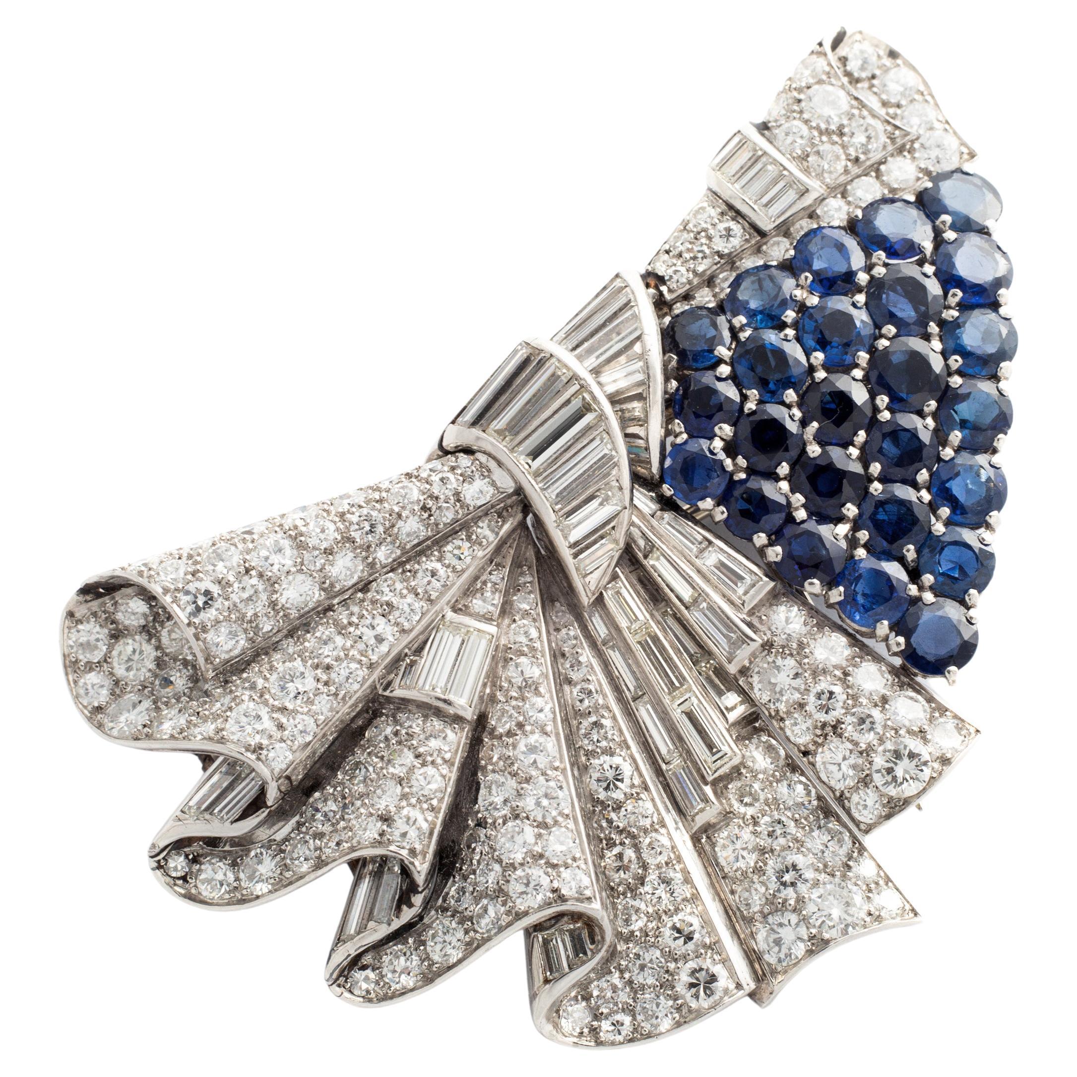 Art Deco Brooch Double Clip Sapphire Diamond For Sale