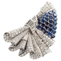 Vintage Art Deco Brooch Double Clip Sapphire Diamond