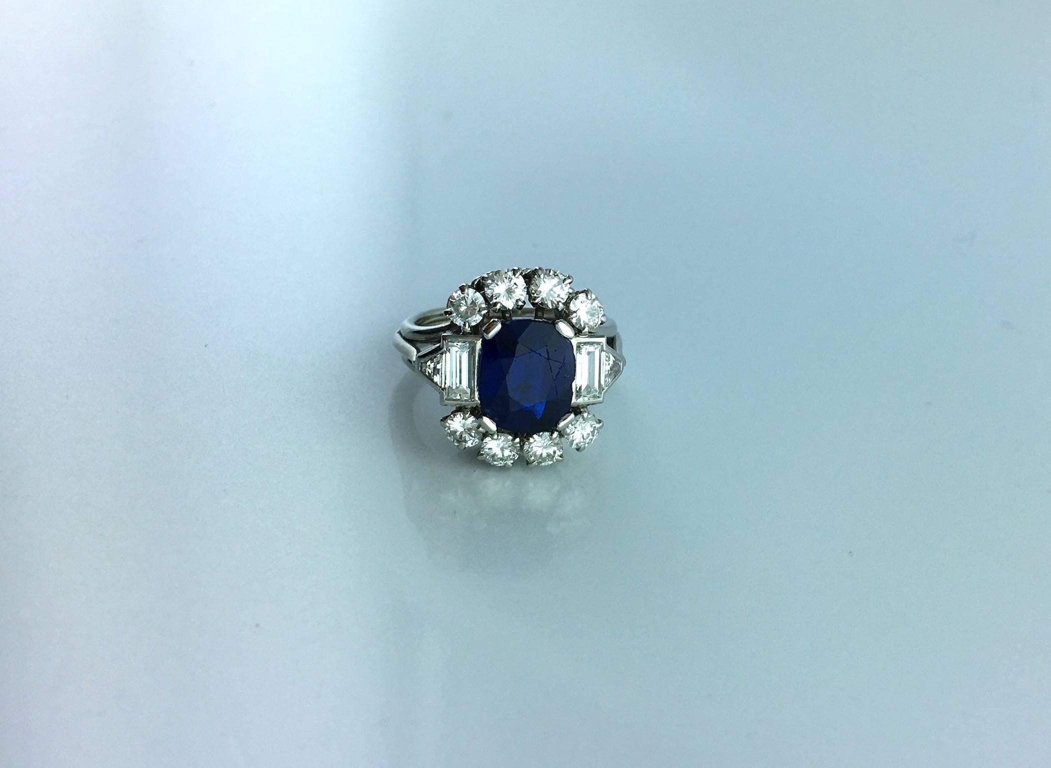 Art Deco 1940s French Sapphire Diamond Platinum Ring