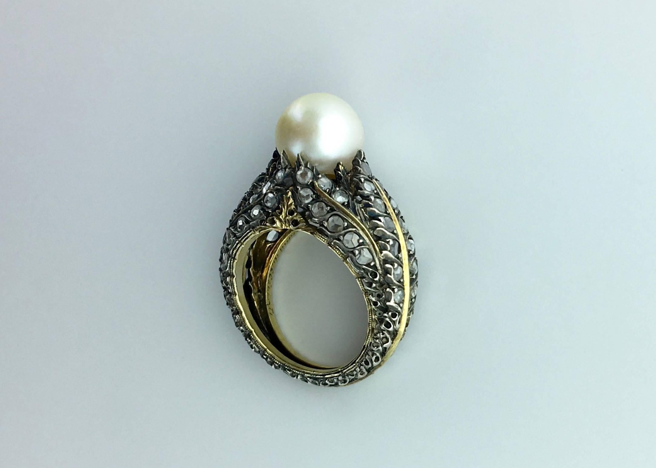1920s Buccellati Pearl Diamond Silver Gold Ring In Excellent Condition In Geneva, CH