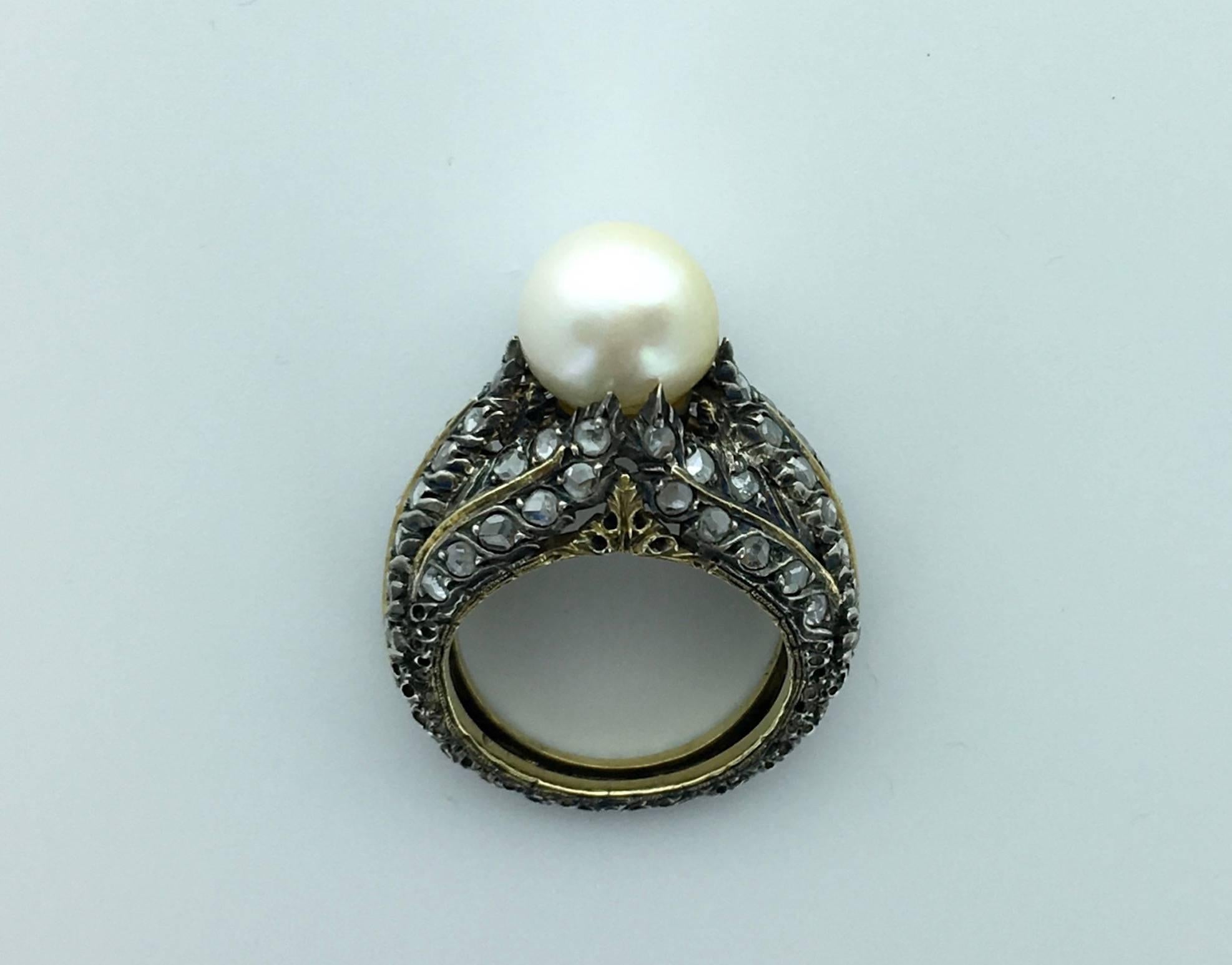 Women's or Men's 1920s Buccellati Pearl Diamond Silver Gold Ring