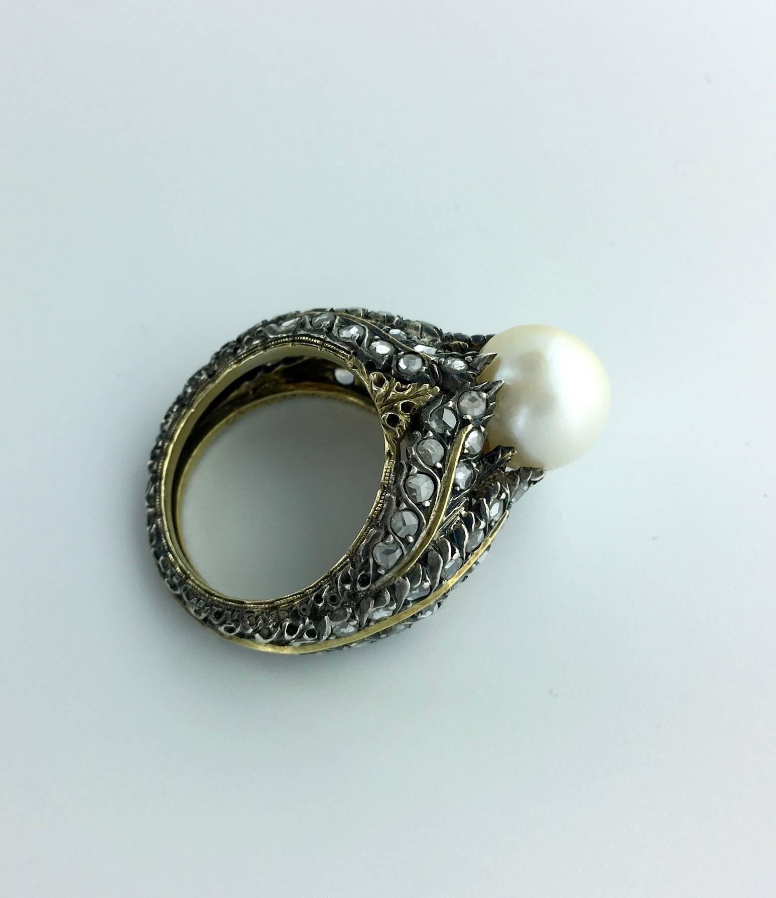 1920s Buccellati Pearl Diamond Silver Gold Ring 1