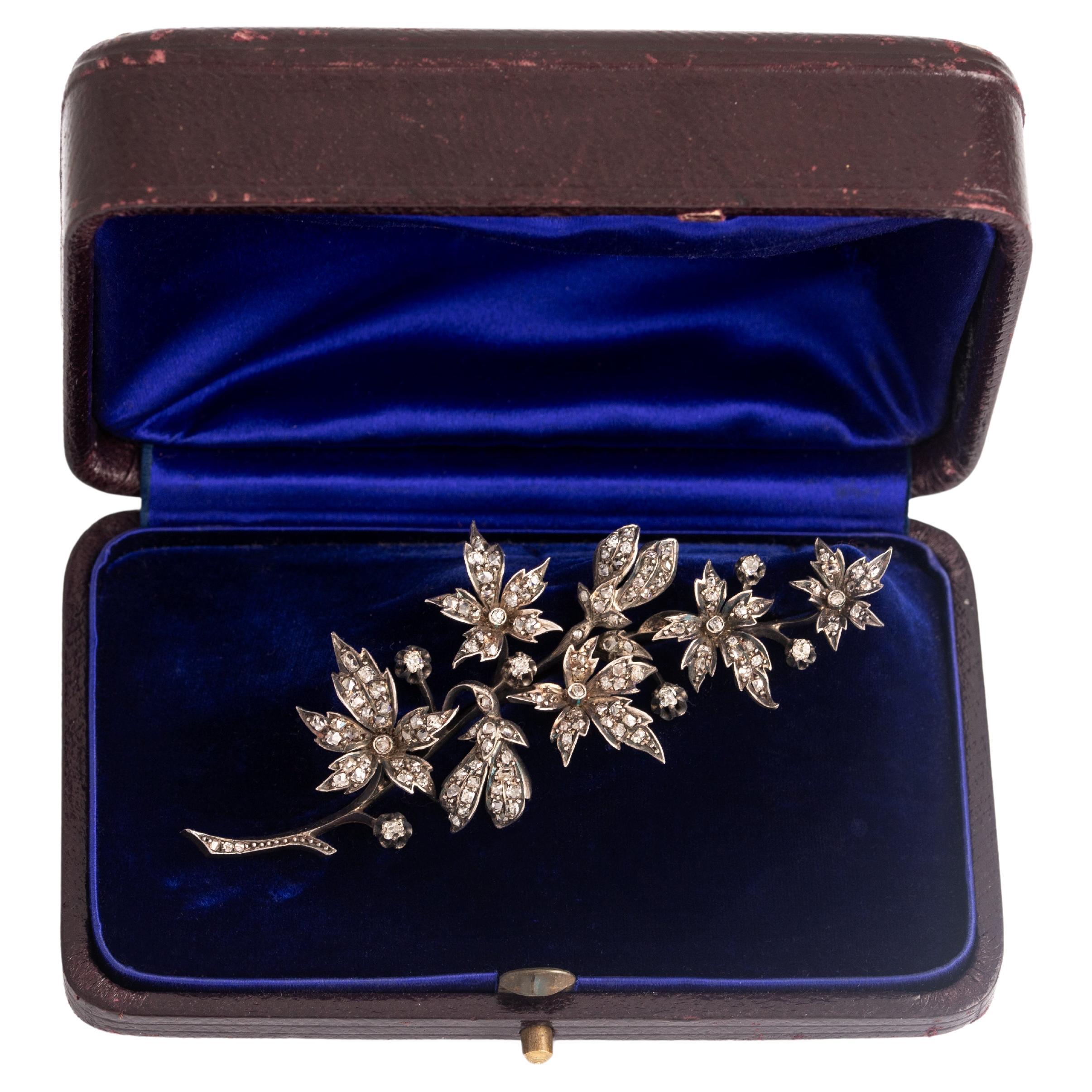 Mellerio Borgnis French Antique Diamond Silver Gold Flower Brooch