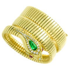 Retro Snake Serpenti Emerald Diamond Ruby Yellow Gold 18K Tubogaz Bracelet