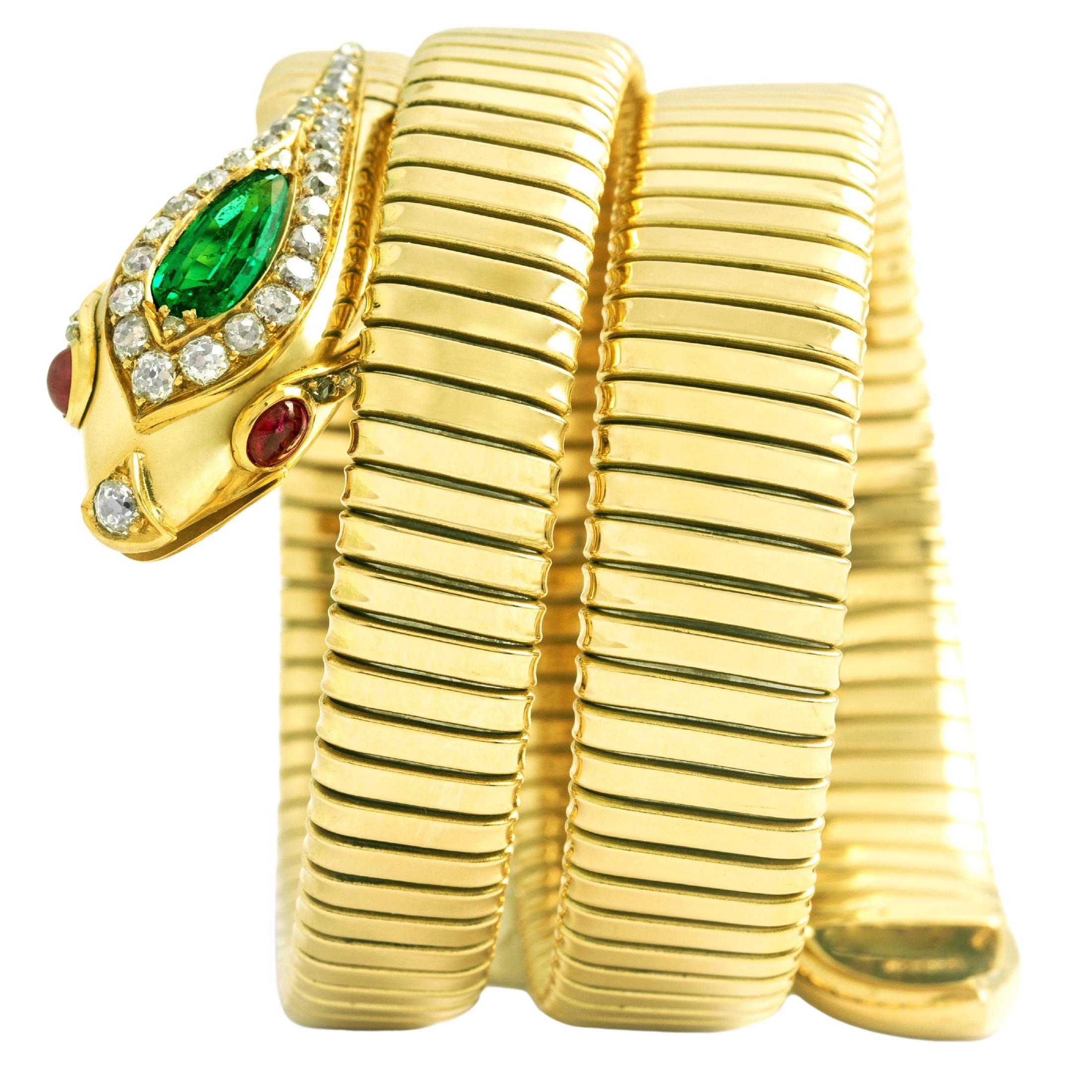 Old Mine Cut Snake Serpenti Emerald Diamond Ruby Yellow Gold 18K Tubogaz Bracelet For Sale
