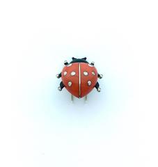 1936 Cartier Paris Black Lacquer Coral Diamond Ladybird Brooch