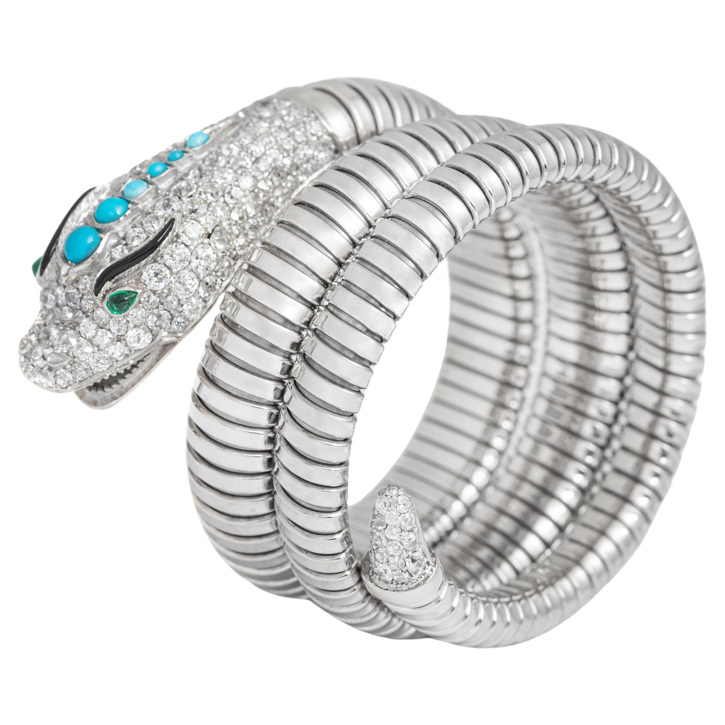 Dragon Snake Turquoise Diamond Emerald Platinum Gold Serpenti Tubogas Bracelet For Sale