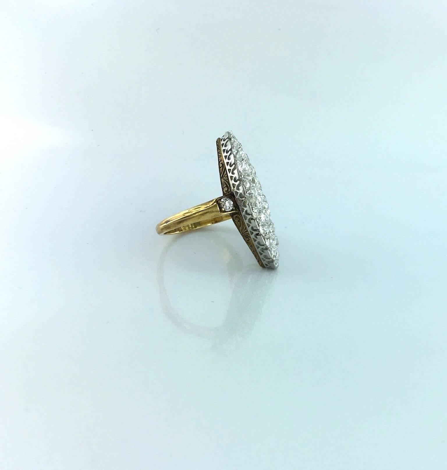 1900s Antique Diamond, Platinum and Gold Marquise Ring In Excellent Condition In Geneva, CH
