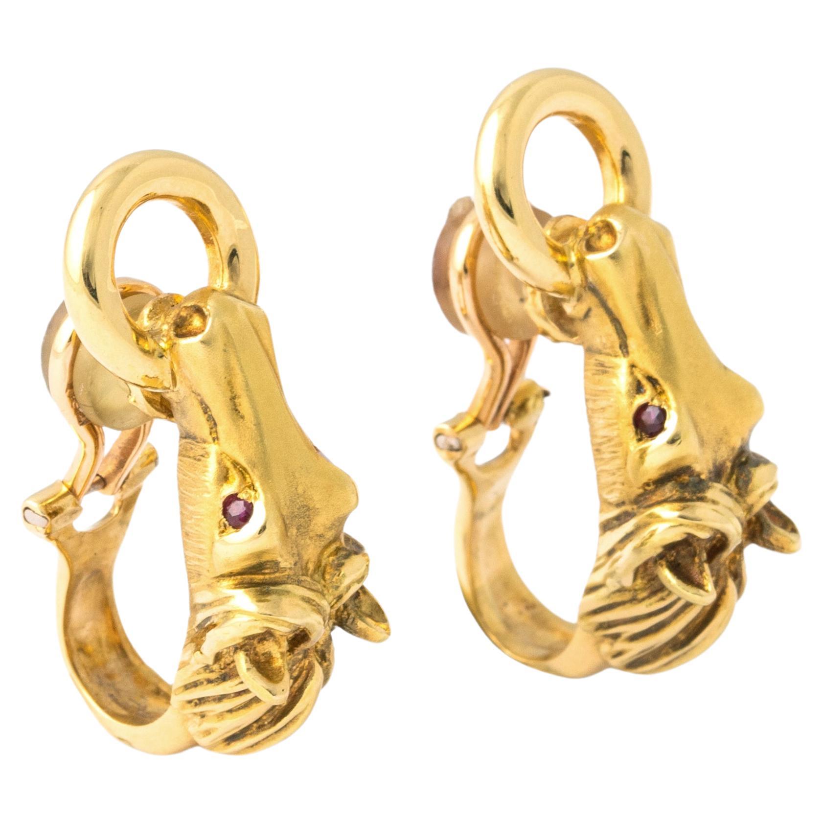 Ruby 18K Yellow Gold Horse Head Earrings For Sale