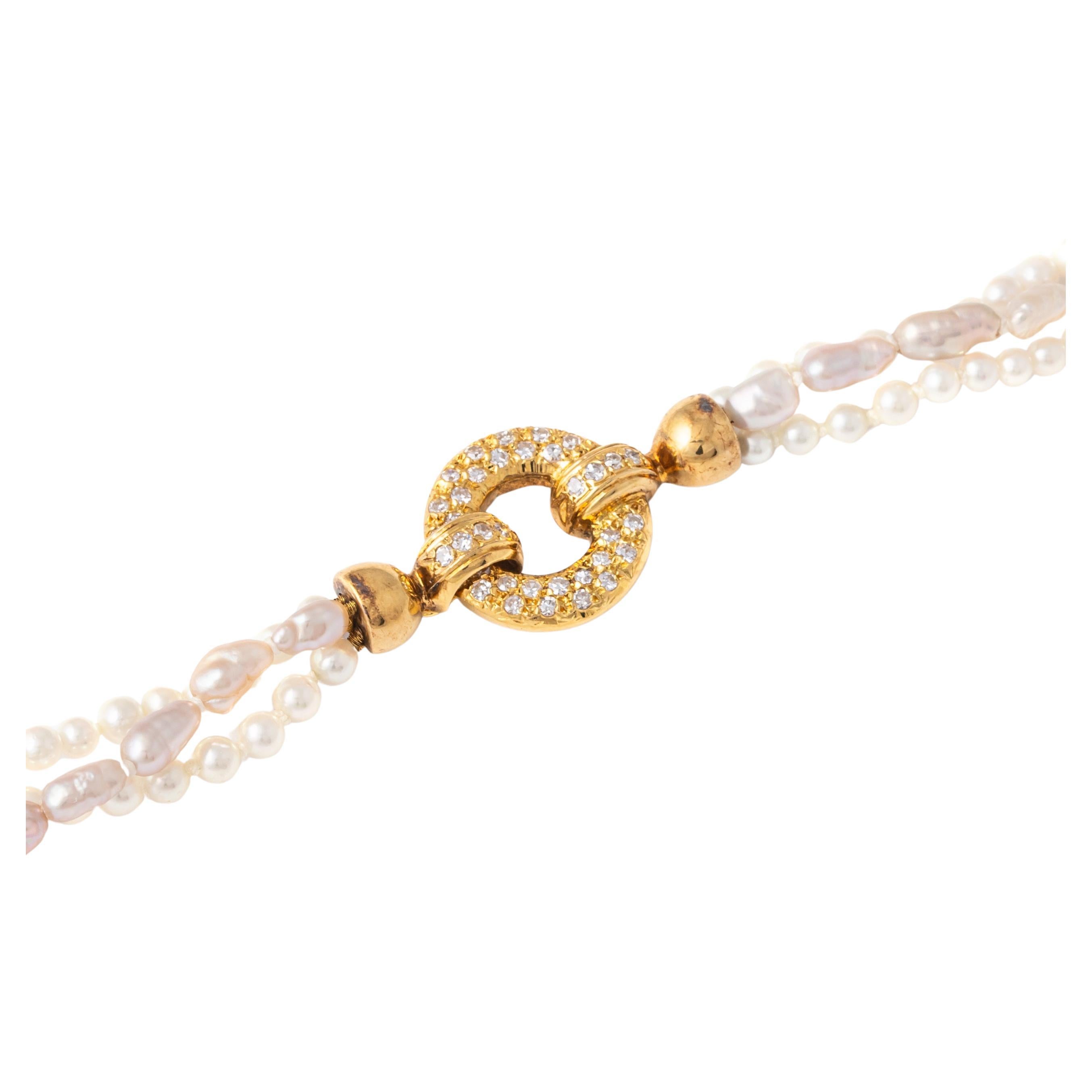 Diamond Yellow Gold 18K Pearl Necklace For Sale