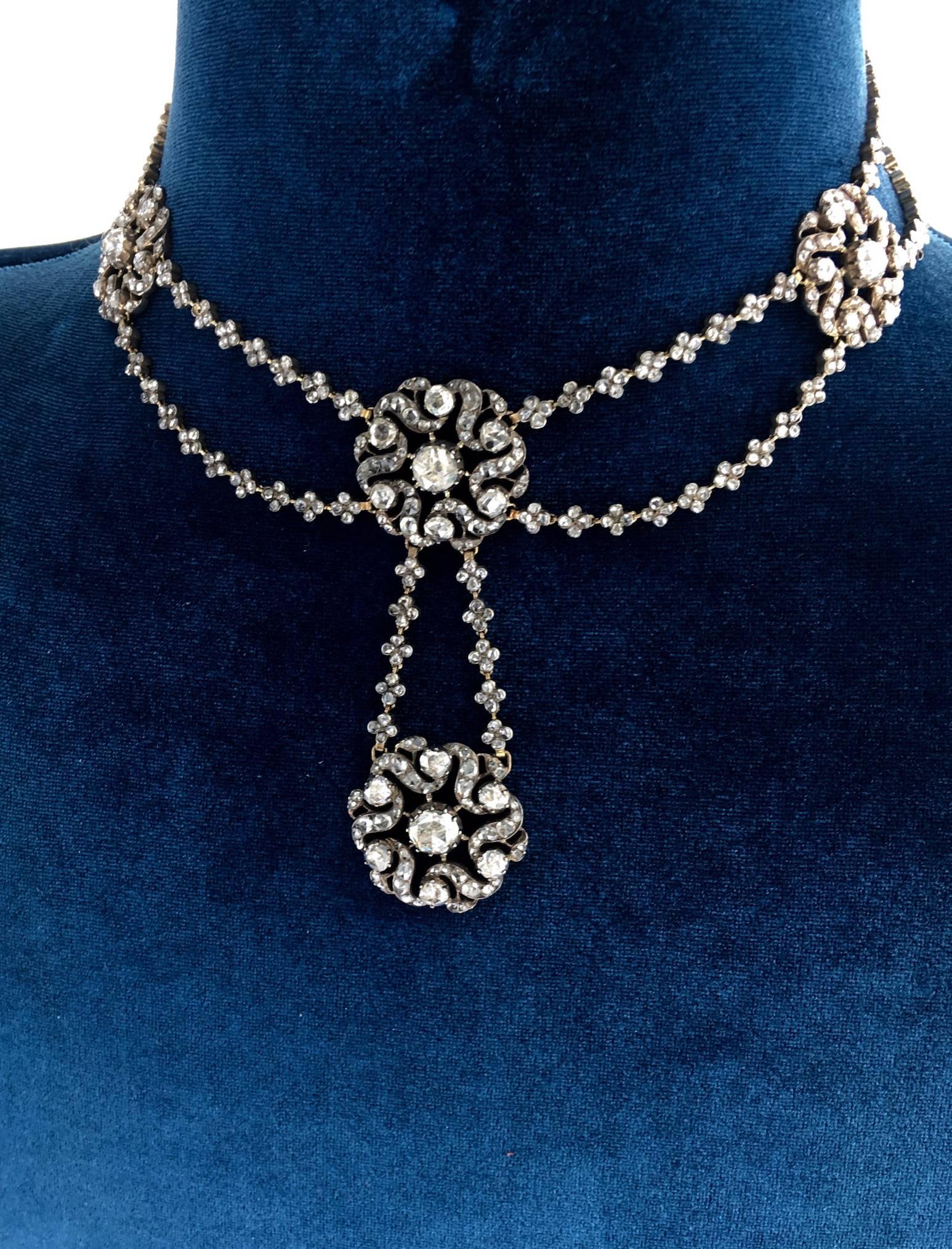 A Superb Necklace! Unbelievable once worn.
It is so rare to find such a piece from the early XIXth Century.
We easily imagine the Empress of Austria wearing this masterpiece. We are glad to share this stunning jewel which is above all totally