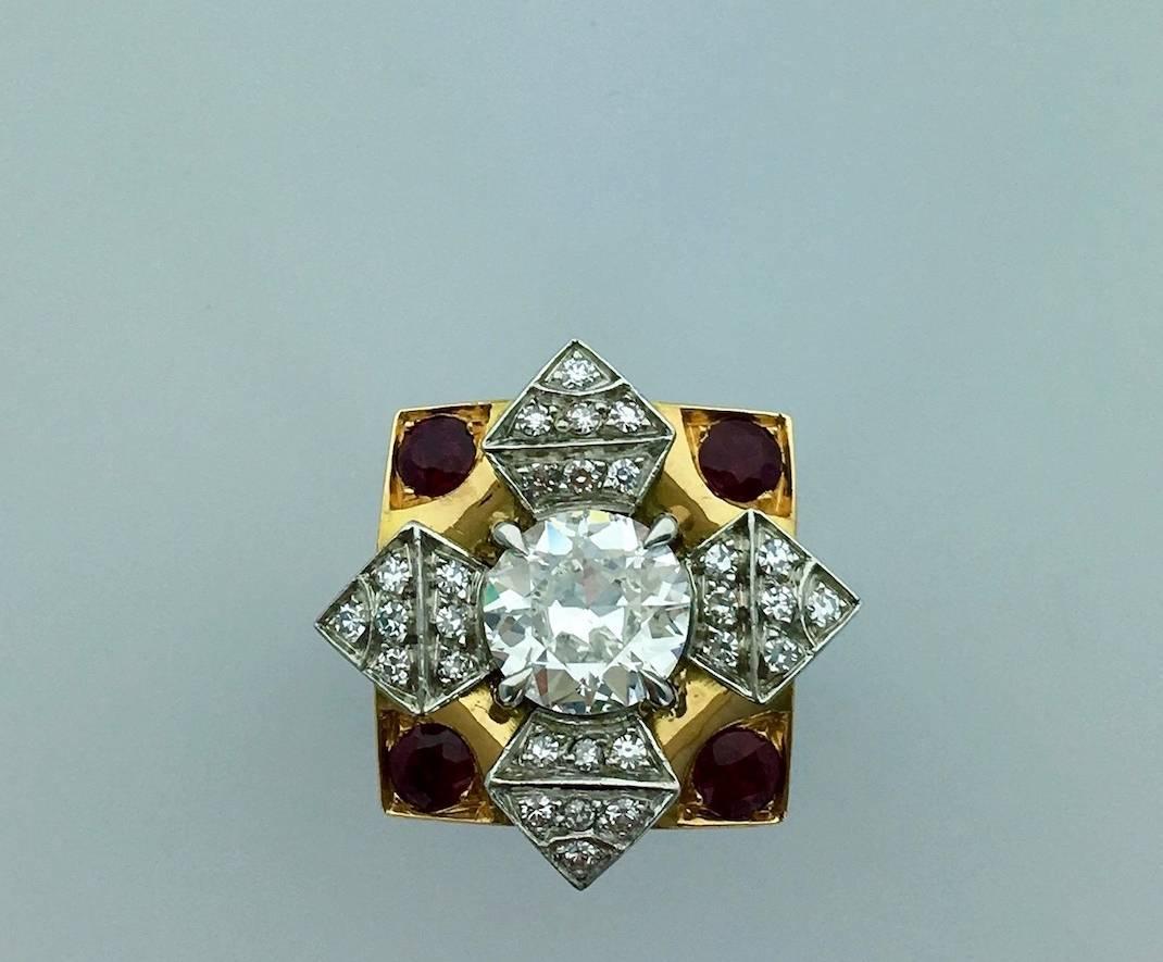 Retro French Flower Star Diamond Ruby Gold Platinum Ring