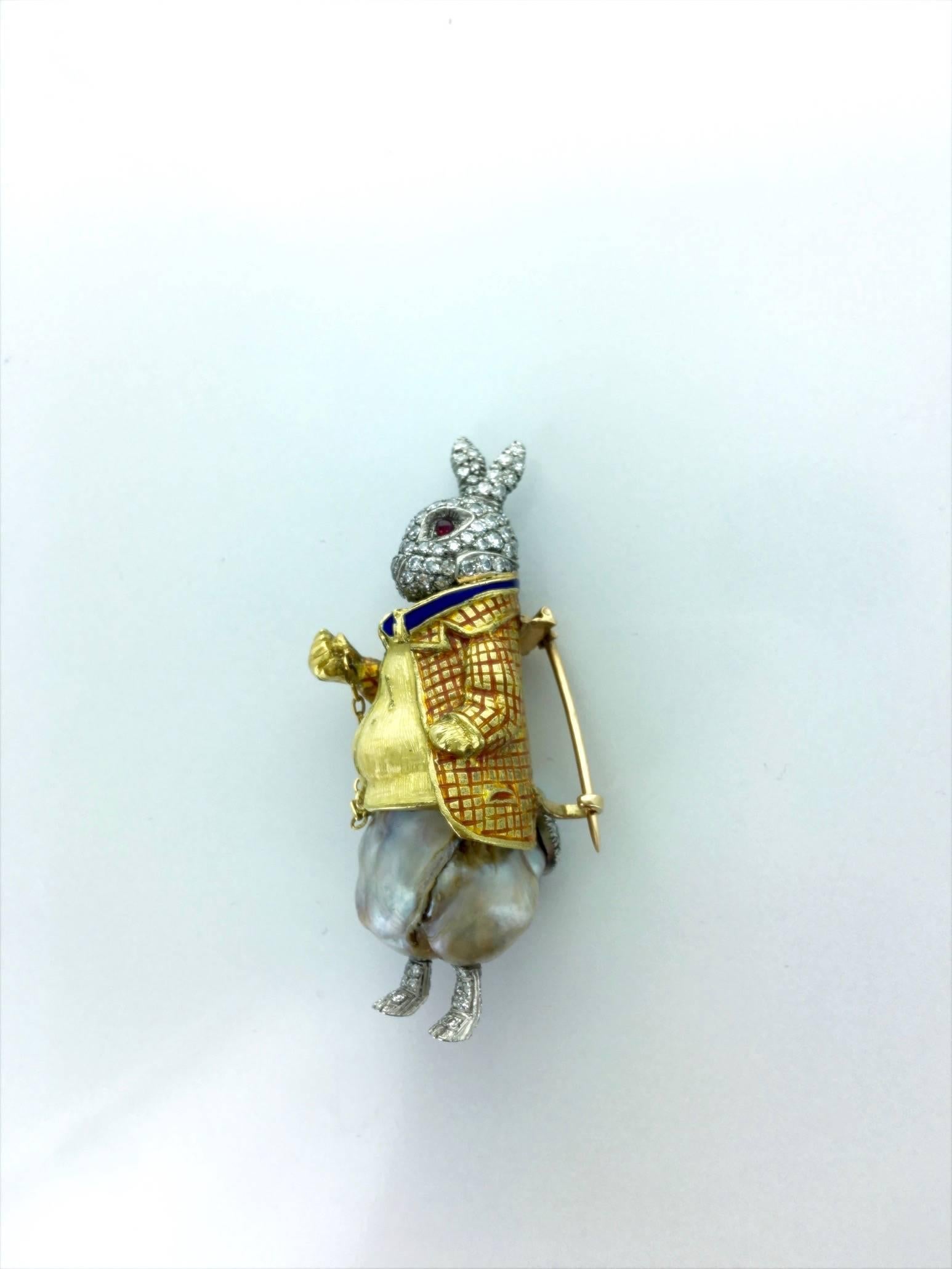 Oh dear! Oh dear! I shall be too late!

Of course, this unique and awesome White Rabbit reminds the fictional character in Lewis Carroll's book Alice's Adventures in Wonderland.
All in platinum and yellow gold 18k 750, it is set by diamond and