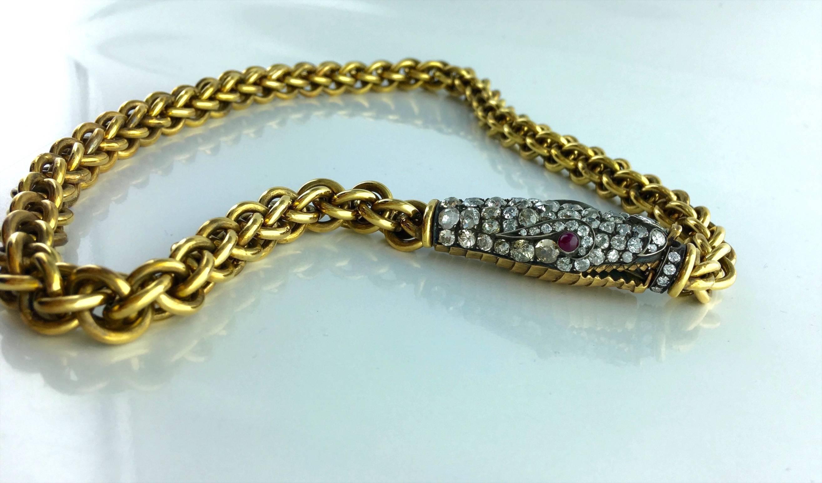 Ourobos Snake Diamond Ruby Gold and Silver Necklace In Excellent Condition In Geneva, CH