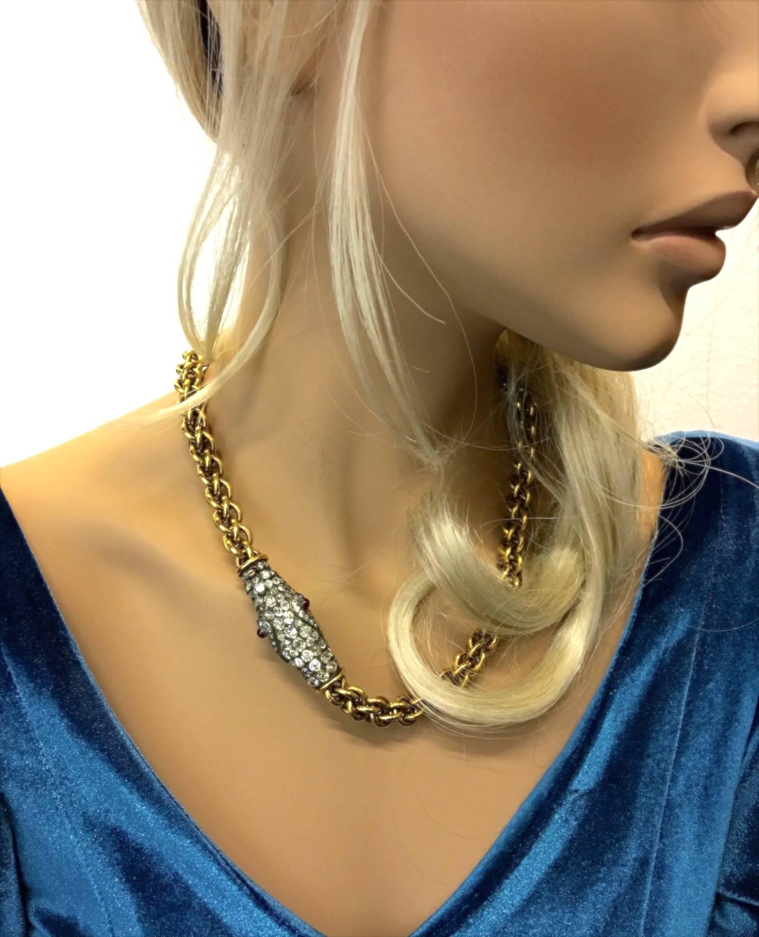 Women's or Men's Ourobos Snake Diamond Ruby Gold and Silver Necklace