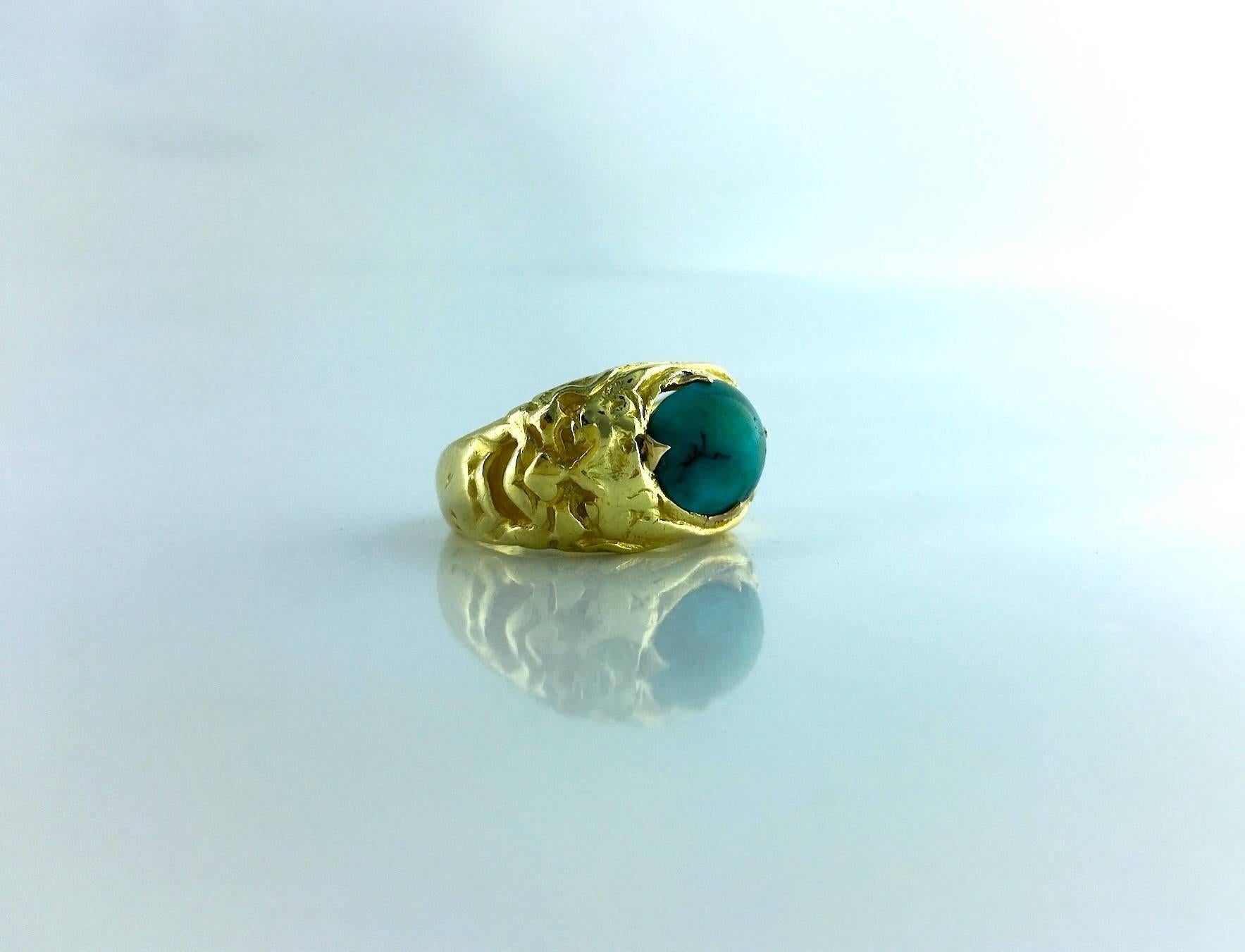 Incredible massive yellow gold 750 18k ring and engraved each side by grotesque faces. On the top a cabochon oval Turquoise.
French mark.
Circa 1900.
Gross weight: 16.60 grams.

