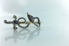 Antique Caduceus Arrow and Snake Sapphire Rose-Cut Diamond Silver Gold Brooch