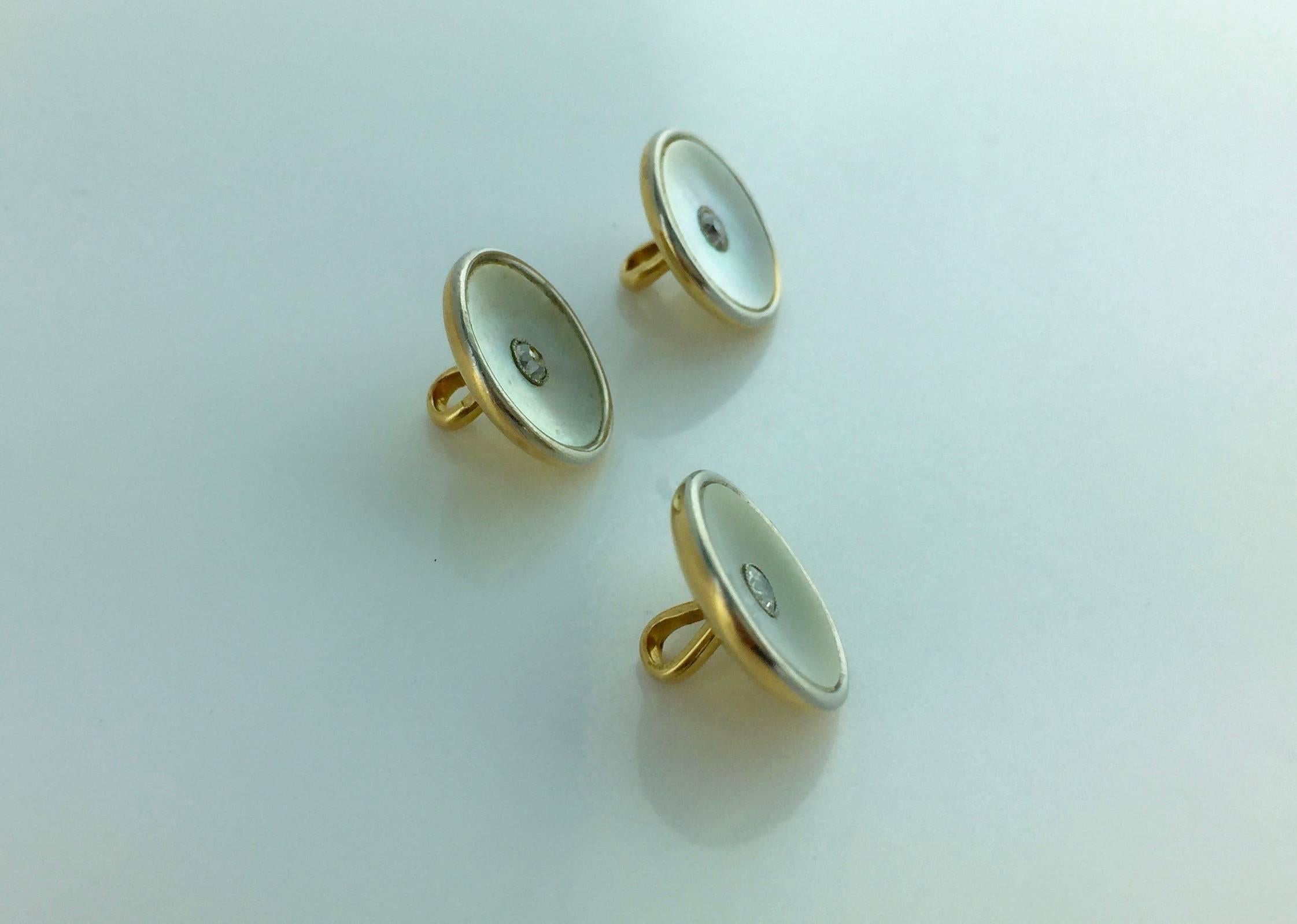 Women's or Men's Three Early 20th Century Mother-of-Pearl Diamond Gold Platinum Buttons