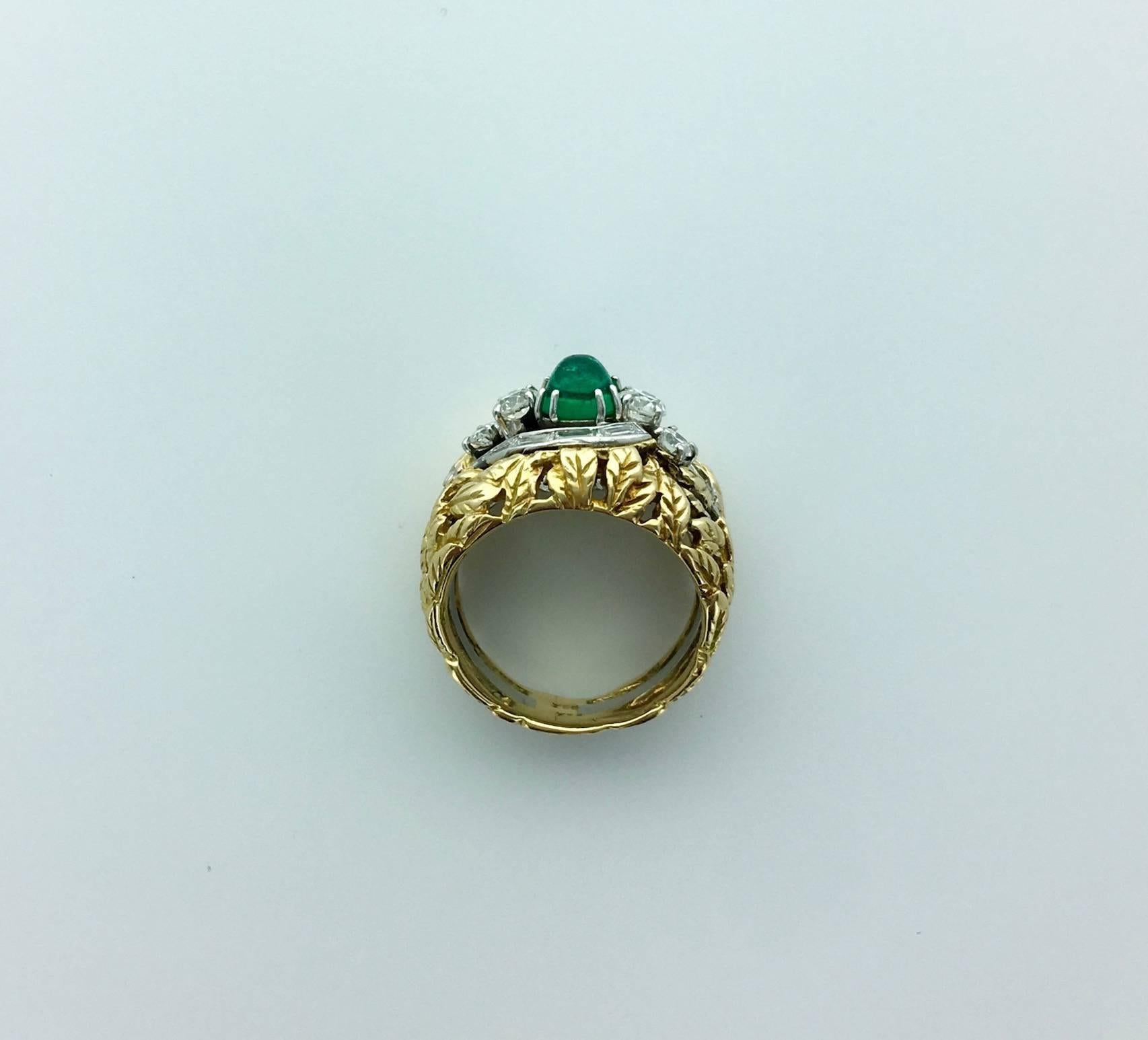 1970s Cabochon Emerald Diamond Gold Platinum Ring In Excellent Condition In Geneva, CH